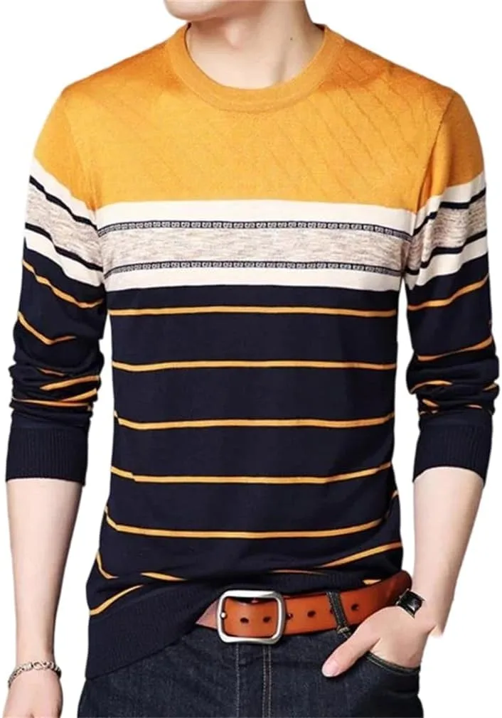 Мужская тонкая полосатая вязаная водолазка с длинным рукавом
Мужская тонкая полосатая вязаная водолазка с длинным рукавом