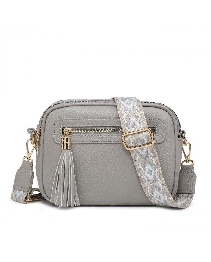 Сумка через плечо с холщовым ремешком и двумя секциями на молнии с кисточками JFY, серый