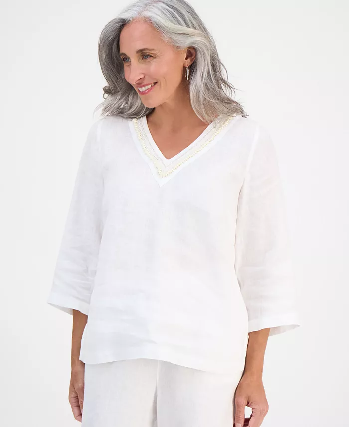 Повседневная блузка из льна с V-образным вырезом и декором, длина рукава 3/4, укороченный вариант Charter Club, белый
Повседневная блузка из льна с V-образным вырезом и декором, длина рукава 3/4, укороченный вариант Charter Club, белый