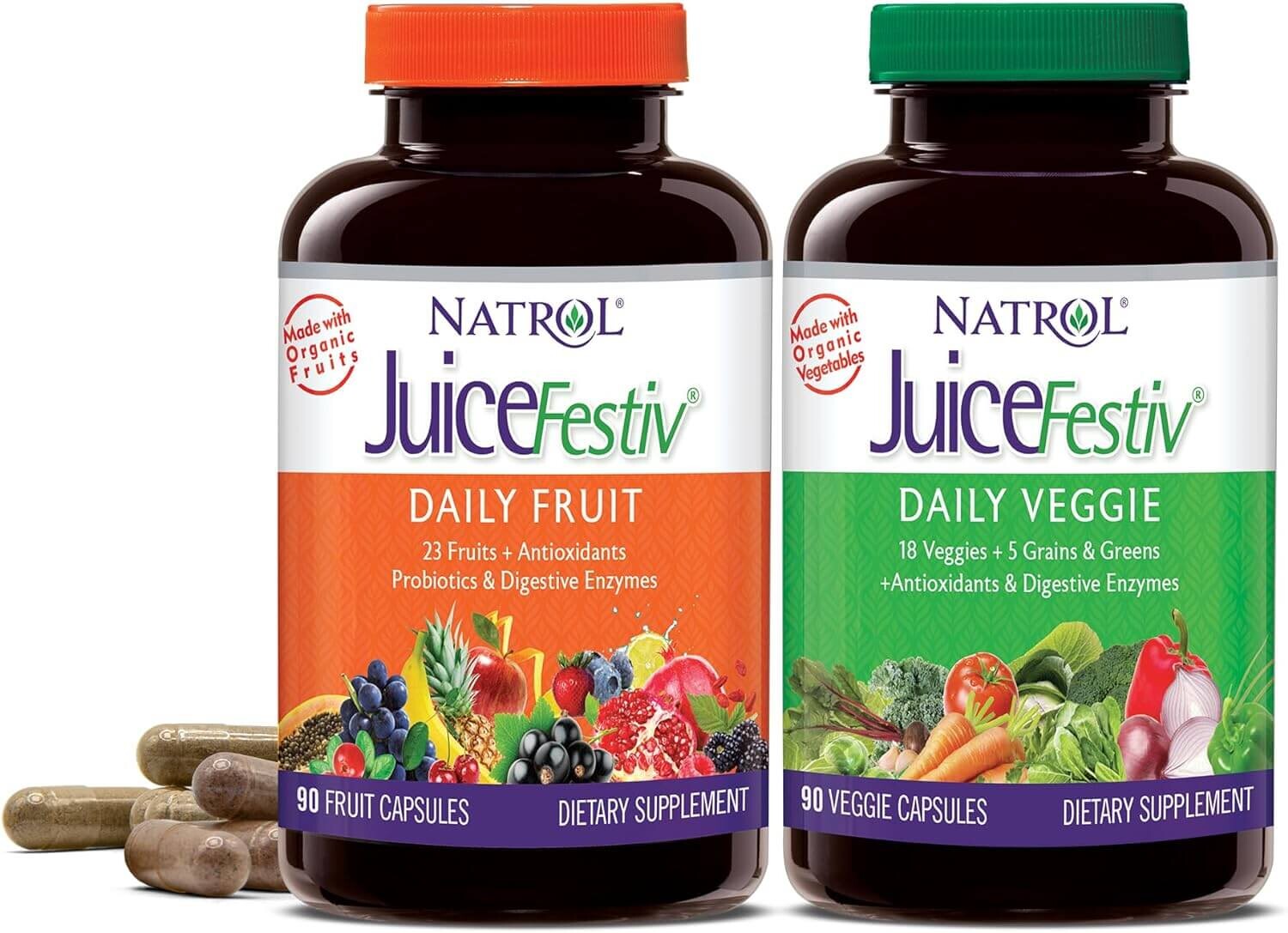 Набор пищевых добавок с экстрактами фруктов и овощей Natrol JuiceFestiv Daily Better Nutrition, 2 банки х 45 капсул
Набор пищевых добавок с экстрактами фруктов и овощей Natrol JuiceFestiv Daily Better Nutrition, 2 банки х 45 капсул