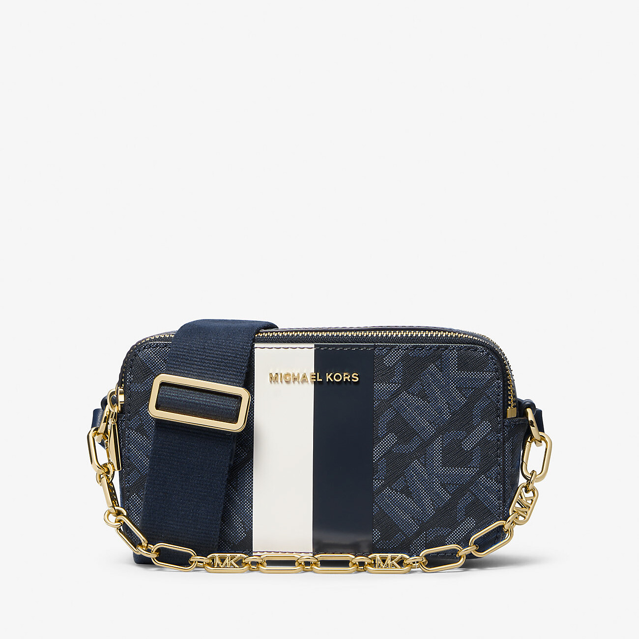 Сумка Michael Michael Kors Jet Set Small Empire Signature Logo Stripe Double-Zip Camera, темно-синий/белый
Сумка Michael Michael Kors Jet Set Small Empire Signature Logo Stripe Double-Zip Camera, темно-синий/белый