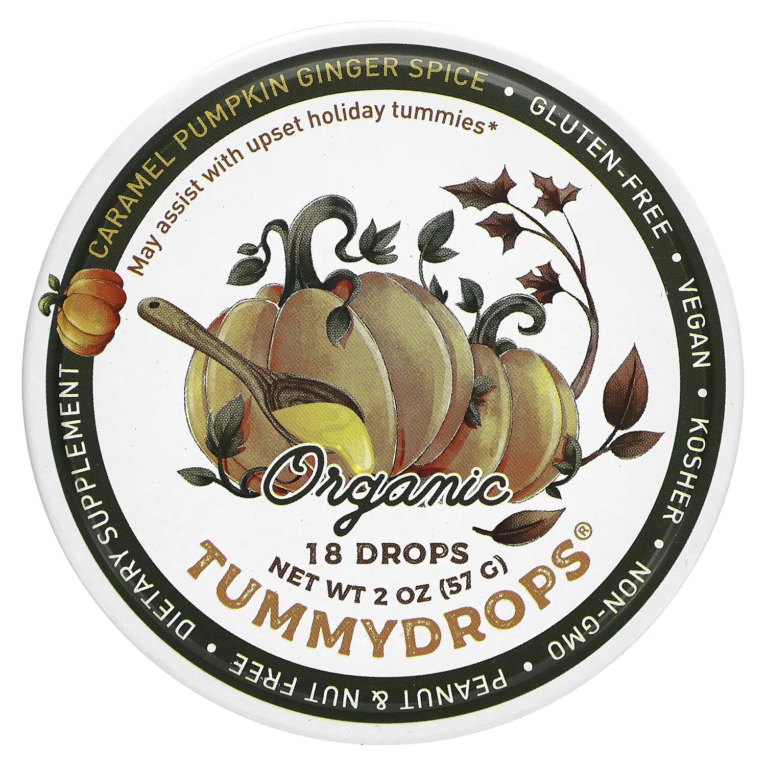 Органическая карамель, тыква, имбирь, 18 капель Tummydrops 
Органическая карамель, тыква, имбирь, 18 капель Tummydrops