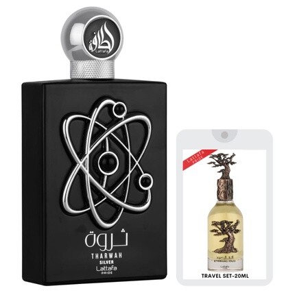 Tharwah Silver EDP 100 мл с новым дорожным набором Eternal Oud Experience 20 мл унисекс от Lattafa Perfumes
Tharwah Silver EDP 100 мл с новым дорожным набором Eternal Oud Experience 20 мл унисекс от Lattafa Perfumes