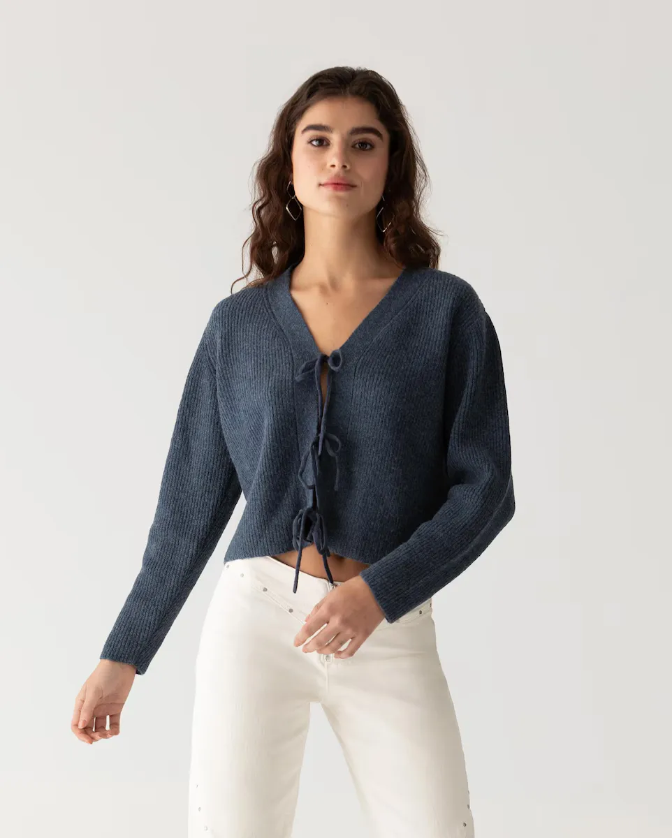 Женский свитер с V-образным вырезом и завязкой спереди Noon, синий
Женский свитер с V-образным вырезом и завязкой спереди Noon, синий