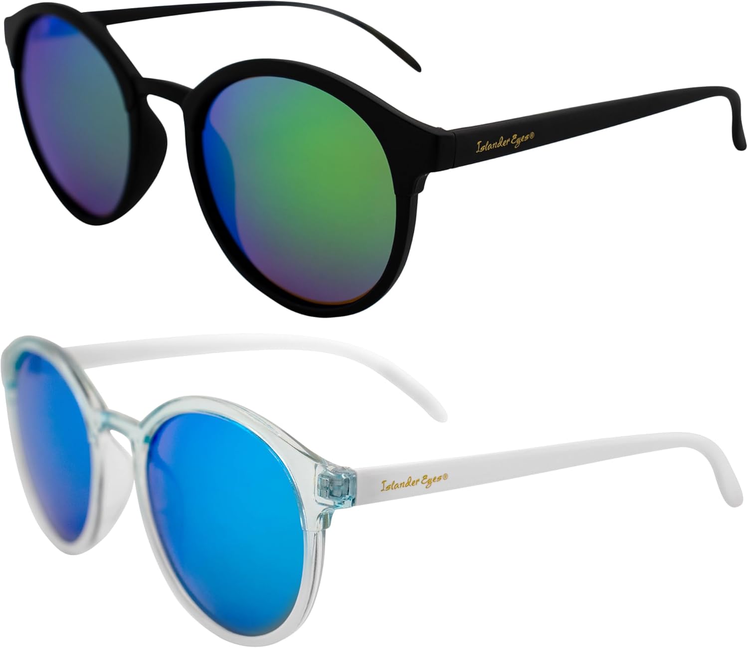 Поляризованные солнцезащитные очки Maldives для мужчин и женщин, 2 пары: увеличенные круглые очки в черной оправе с зелеными зеркальными линзами и в белой оправе с синими зеркальными линзами Islander Eyes, Black-green/White-blue
Поляризованные солнцезащитные очки Maldives для мужчин и женщин, 2 пары: увеличенные круглые очки в черной оправе с зелеными зеркальными линзами и в белой оправе с синими зеркальными линзами Islander Eyes, Black-green/White-blue