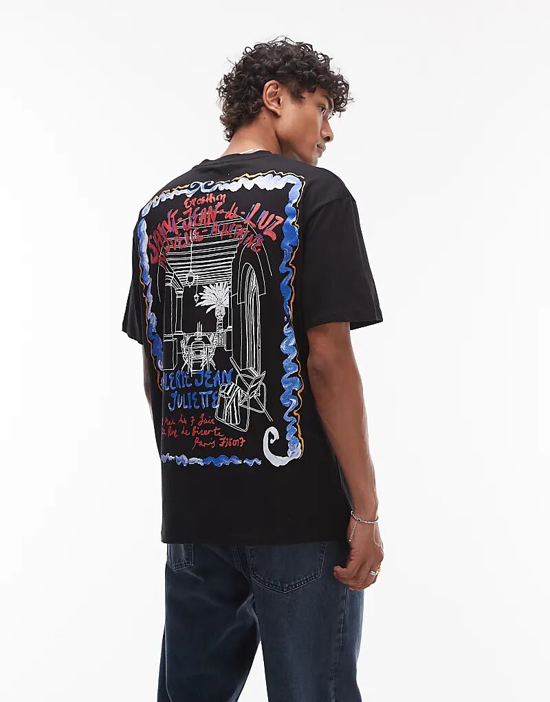 Футболка Topman свободного кроя с французским постером спереди и сзади черного цвета 
Футболка Topman свободного кроя с французским постером спереди и сзади черного цвета