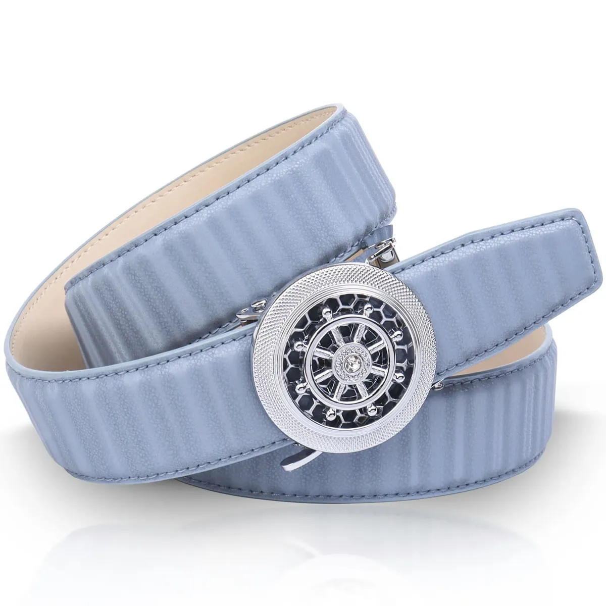 Кожаный ремень Anthoni Crown с автоматической застежкой серебристого цвета и вращающимся рулем, голубой
Кожаный ремень Anthoni Crown с автоматической застежкой серебристого цвета и вращающимся рулем, голубой
