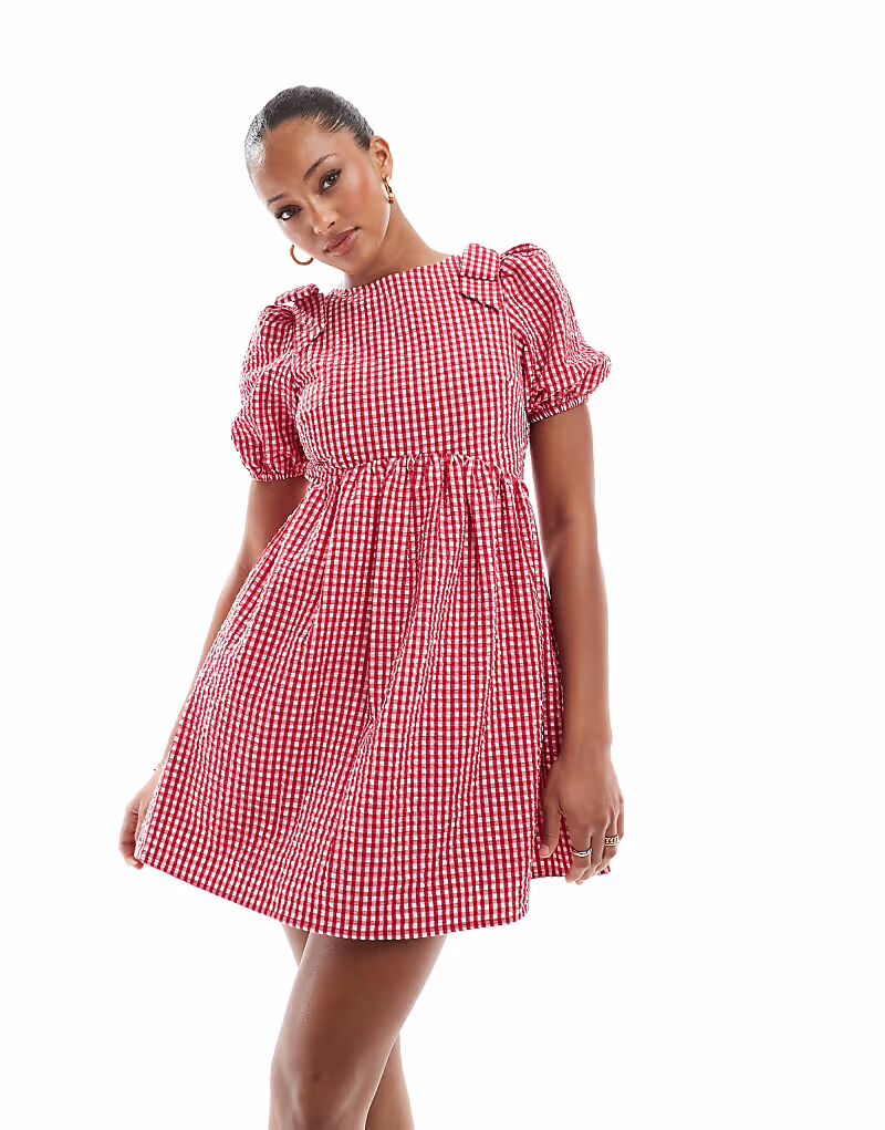 Эксклюзивное мини-платье Frolic в красную клетку с бантом на плече и рукавами-буфами 
Эксклюзивное мини-платье Frolic в красную клетку с бантом на плече и рукавами-буфами