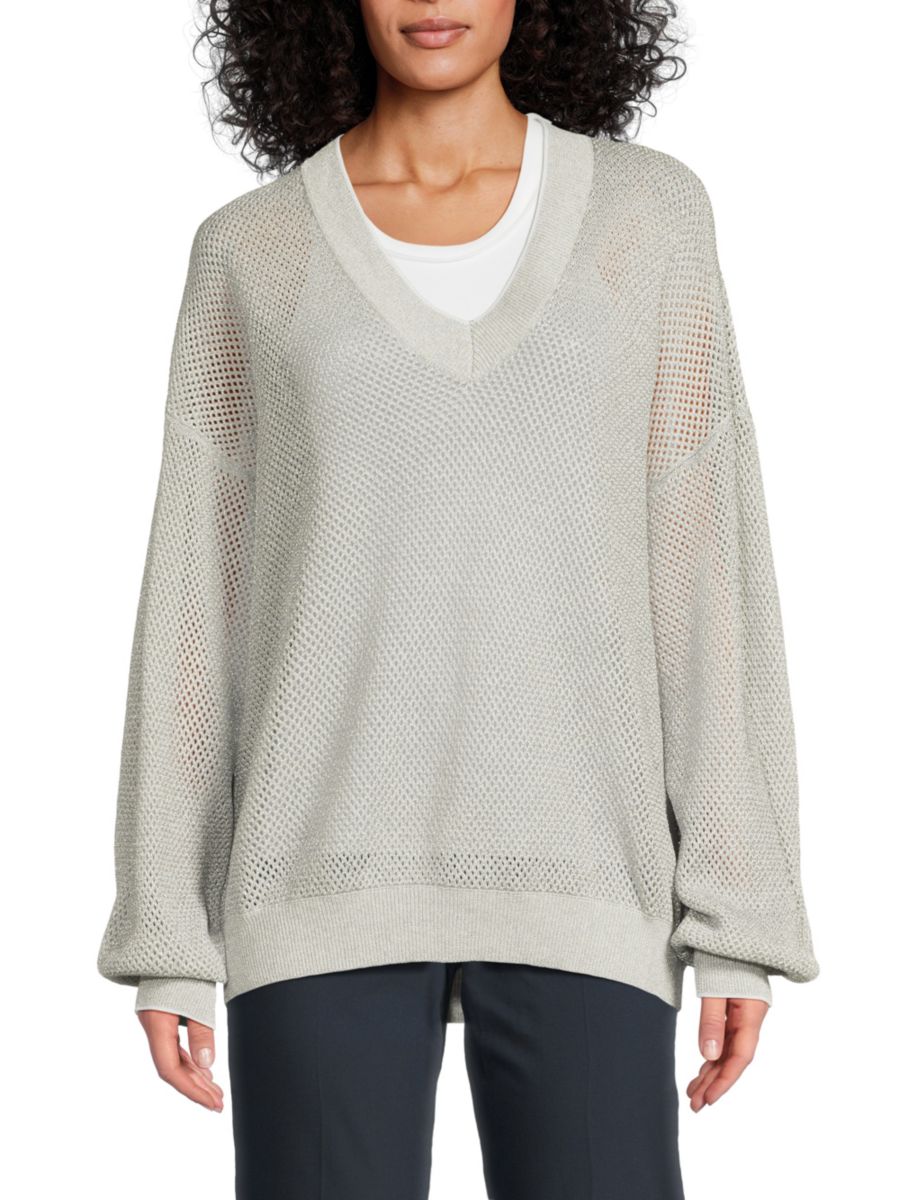 Свитер из металлизированной хлопковой сетки с V-образным вырезом Brunello Cucinelli, серый
Свитер из металлизированной хлопковой сетки с V-образным вырезом Brunello Cucinelli, серый