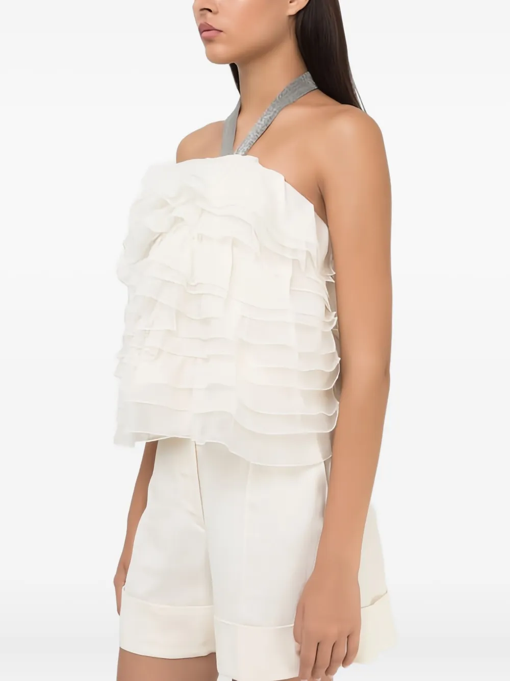 Топ с оборками и вырезом халтер Brunello Cucinelli, белый
Топ с оборками и вырезом халтер Brunello Cucinelli, белый