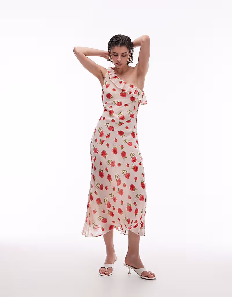 Платье Mango на одно плечо с цветочным узором в нежно-розовом цвете