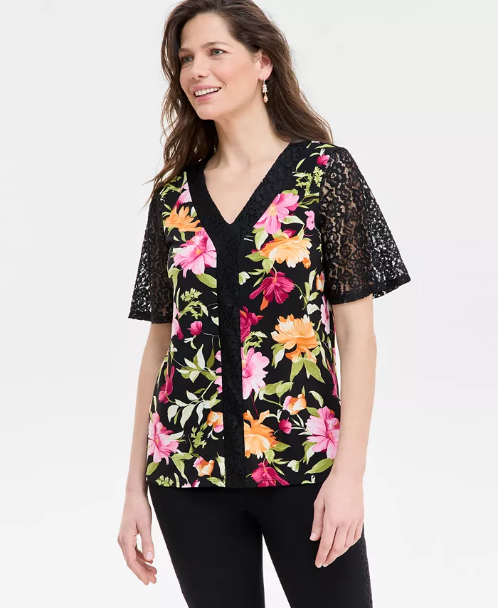 Женский топ с V-образным вырезом и кружевным принтом JM Collection, черный 
Женский топ с V-образным вырезом и кружевным принтом JM Collection, черный