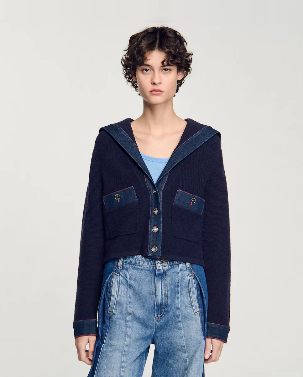 Женский кардиган с джинсовыми деталями и матросским воротником Sandro, темно-синий
Женский кардиган с джинсовыми деталями и матросским воротником Sandro, темно-синий