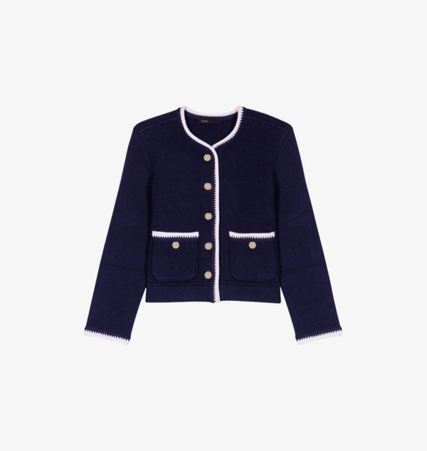 Кардиган из смесовой шерсти с контрастной отделкой Maje, синий 
Кардиган из смесовой шерсти с контрастной отделкой Maje, синий