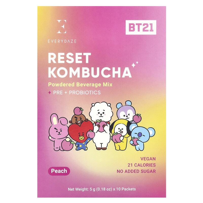 Everydaze, Reset Kombucha, порошковая смесь для напитков, персик, 10 пакетиков по 5 г (0,18 унции)
Everydaze, Reset Kombucha, порошковая смесь для напитков, персик, 10 пакетиков по 5 г (0,18 унции)