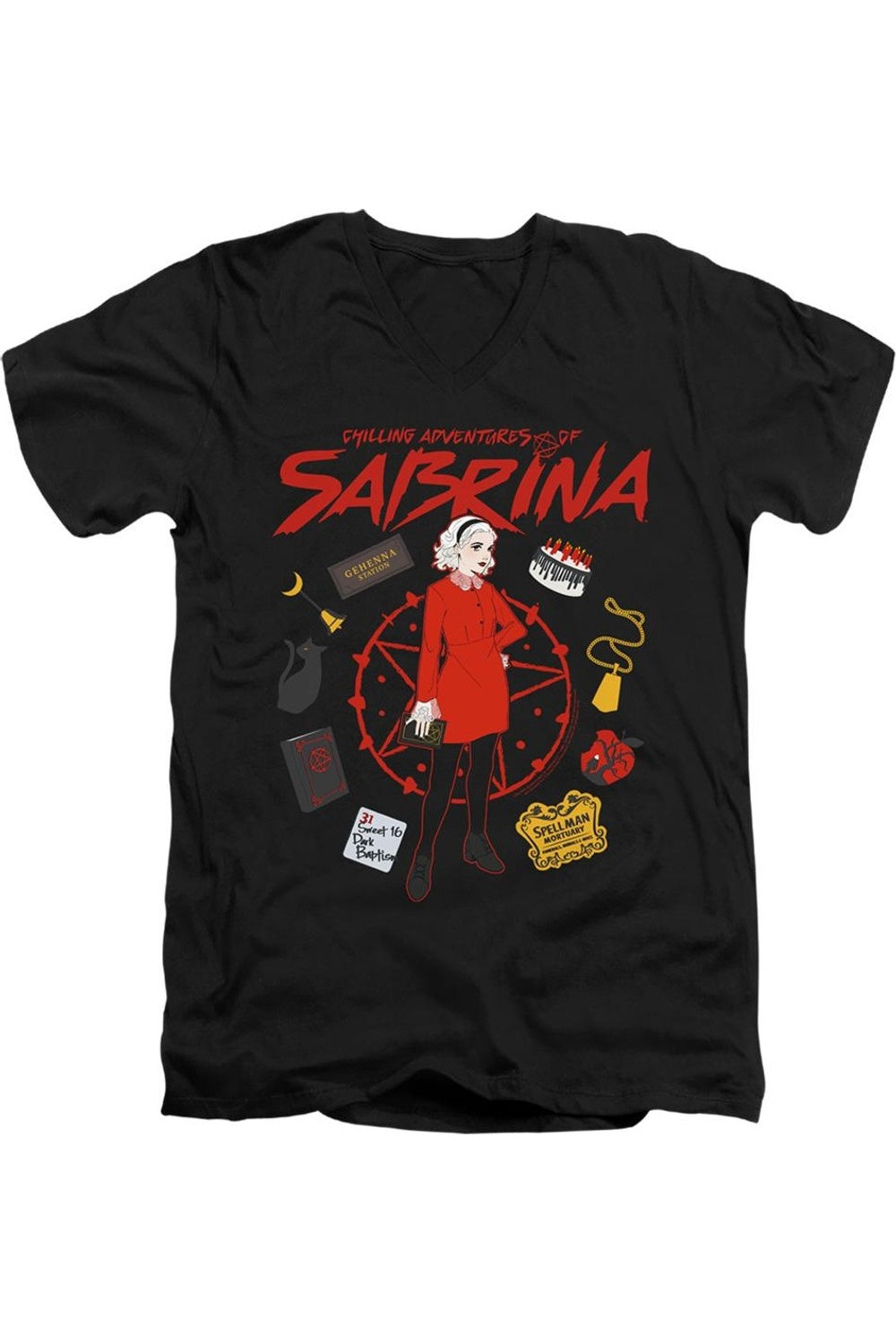 Футболка из хлопка премиум-класса с коротким рукавом и V-образным вырезом «Леденящие душу приключения Сабрины Серкл» для взрослых Gildan, черный 
Футболка из хлопка премиум-класса с коротким рукавом и V-образным вырезом «Леденящие душу приключения Сабрины Серкл» для взрослых Gildan, черный