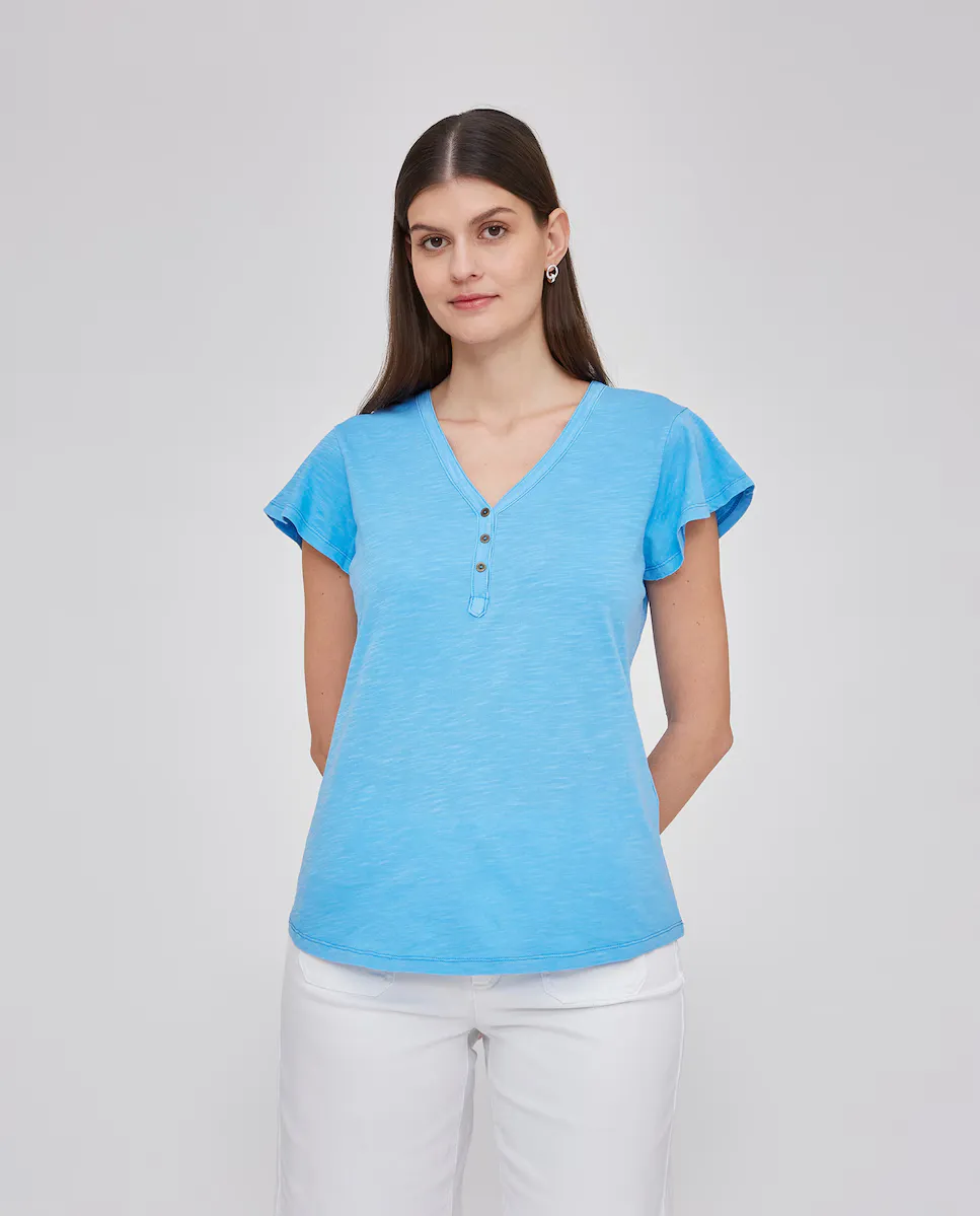 Женская футболка с V-образным вырезом, пуговицами и короткими рукавами October, синий
Женская футболка с V-образным вырезом, пуговицами и короткими рукавами October, синий
