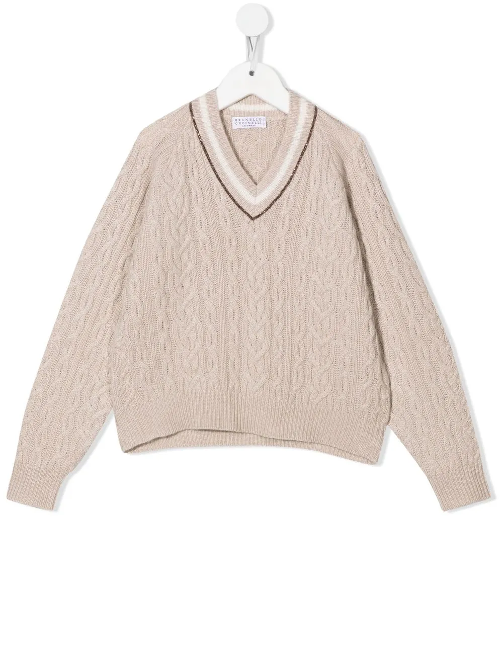 Джемпер фактурной вязки с V-образным вырезом Brunello Cucinelli Kids, светло-бежевый
Джемпер фактурной вязки с V-образным вырезом Brunello Cucinelli Kids, светло-бежевый