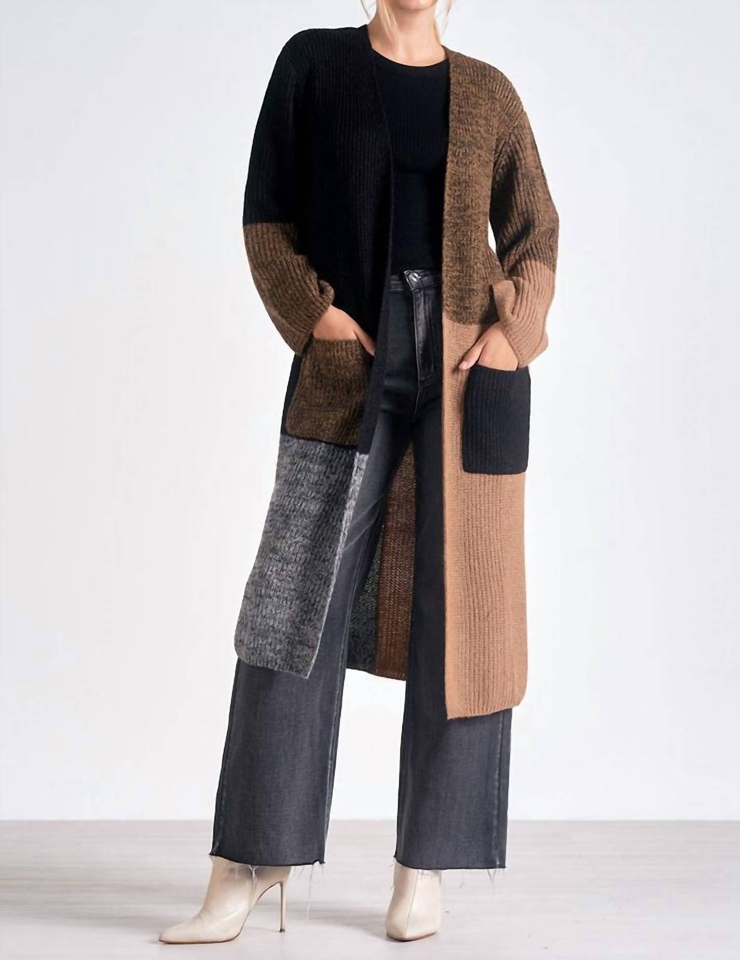 Длинный кардиган Colorblock в черном/коричневом цвете ELAN
Длинный кардиган Colorblock в черном/коричневом цвете ELAN