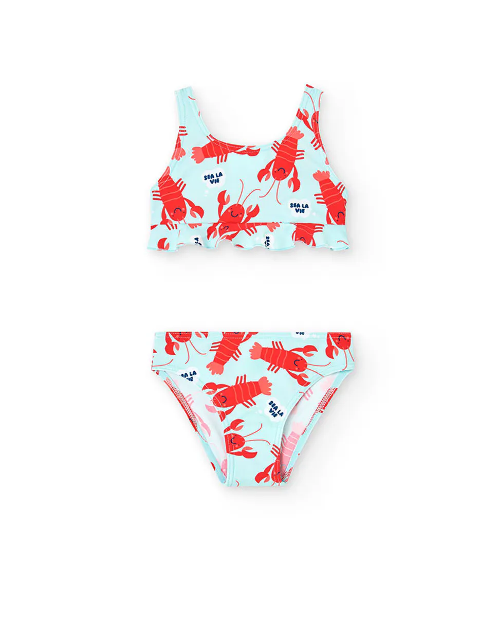 Бикини для девочки с фантазийным принтом и оборками Boboli, бирюзовый 
Бикини для девочки с фантазийным принтом и оборками Boboli, бирюзовый