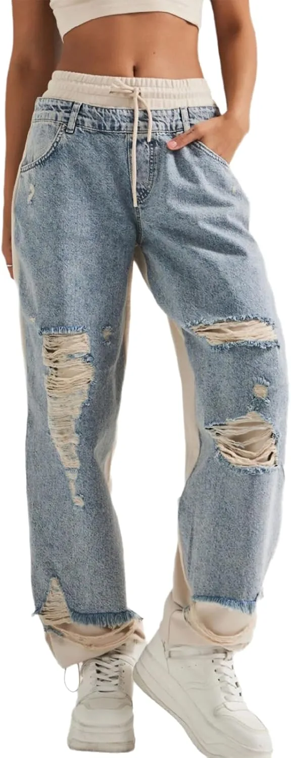 Женские рваные джинсы прямого кроя с эластичным поясом на шнурке MRNYQBM
Женские рваные джинсы прямого кроя с эластичным поясом на шнурке MRNYQBM