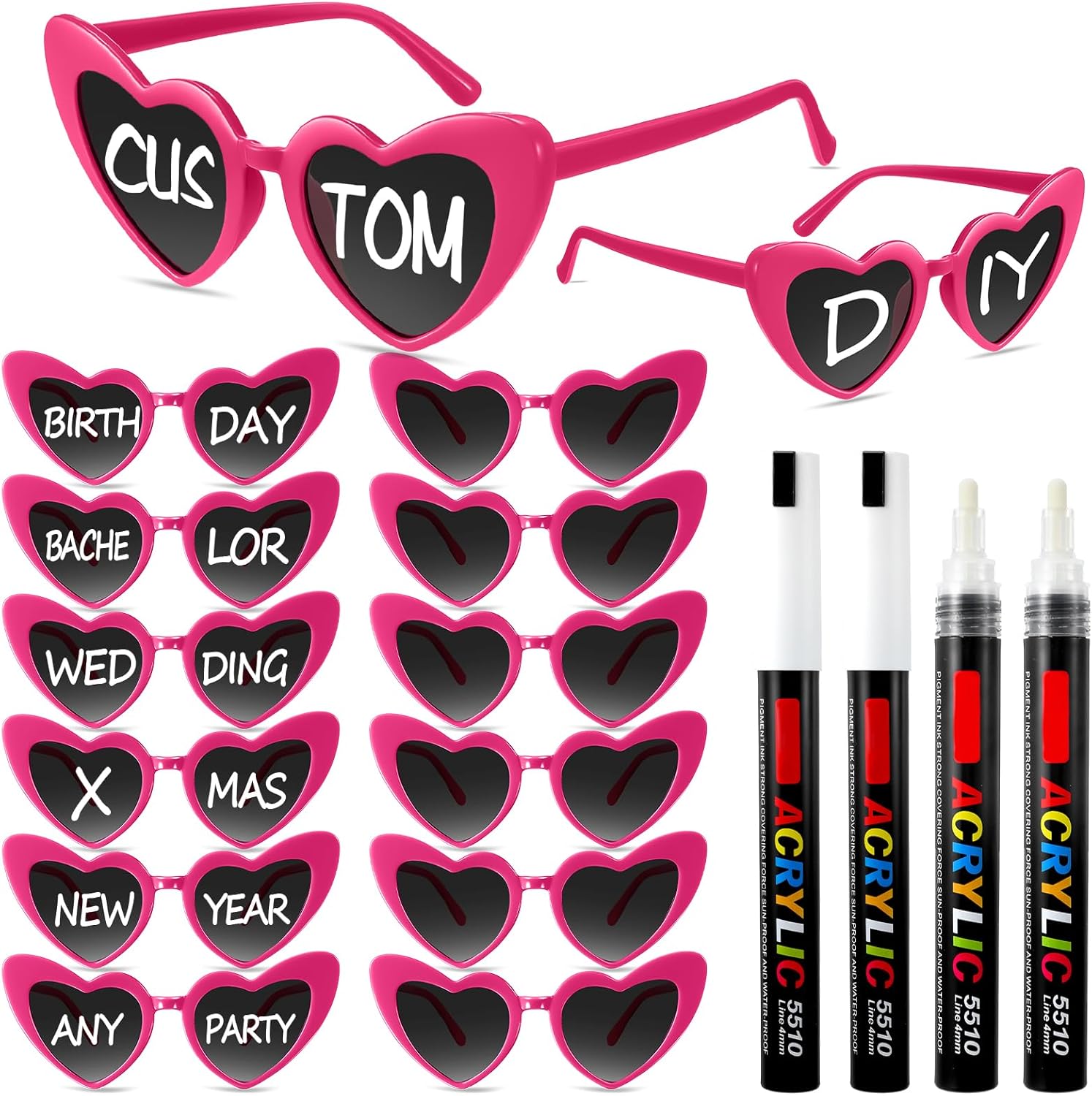 Персонализированные солнцезащитные очки в форме сердца от Flutesan. Набор очков в форме сердца с маркерами для самостоятельного изготовления свадебных сувениров, Hot Pink
Персонализированные солнцезащитные очки в форме сердца от Flutesan. Набор очков в форме сердца с маркерами для самостоятельного изготовления свадебных сувениров, Hot Pink