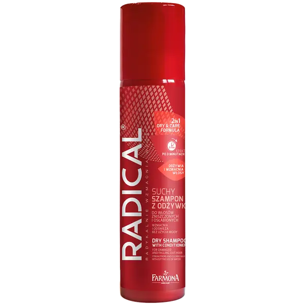 Сухой шампунь с кондиционером для поврежденных и ослабленных волос 2в1, 180 мл Radical 2 w 1 dry& care formula
Сухой шампунь с кондиционером для поврежденных и ослабленных волос 2в1, 180 мл Radical 2 w 1 dry& care formula