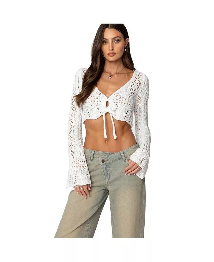 Женский укороченный топ с завязками спереди, связанный крючком Edikted, белый
Женский укороченный топ с завязками спереди, связанный крючком Edikted, белый