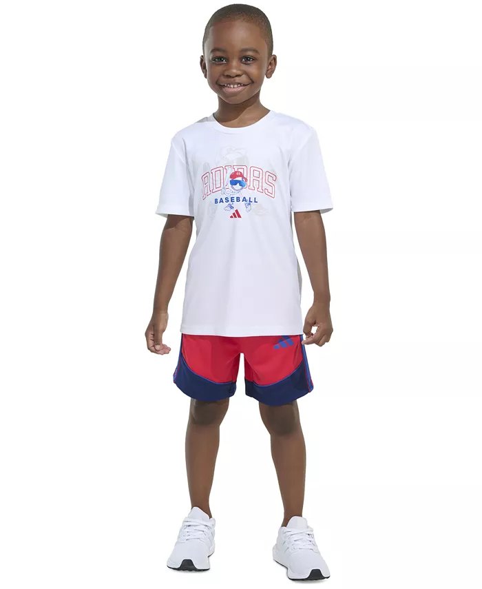 Детский комплект для мальчиков: футболка с коротким рукавом и шорты с цветными полосками, 2 предмета adidas, белый
Детский комплект для мальчиков: футболка с коротким рукавом и шорты с цветными полосками, 2 предмета adidas, белый