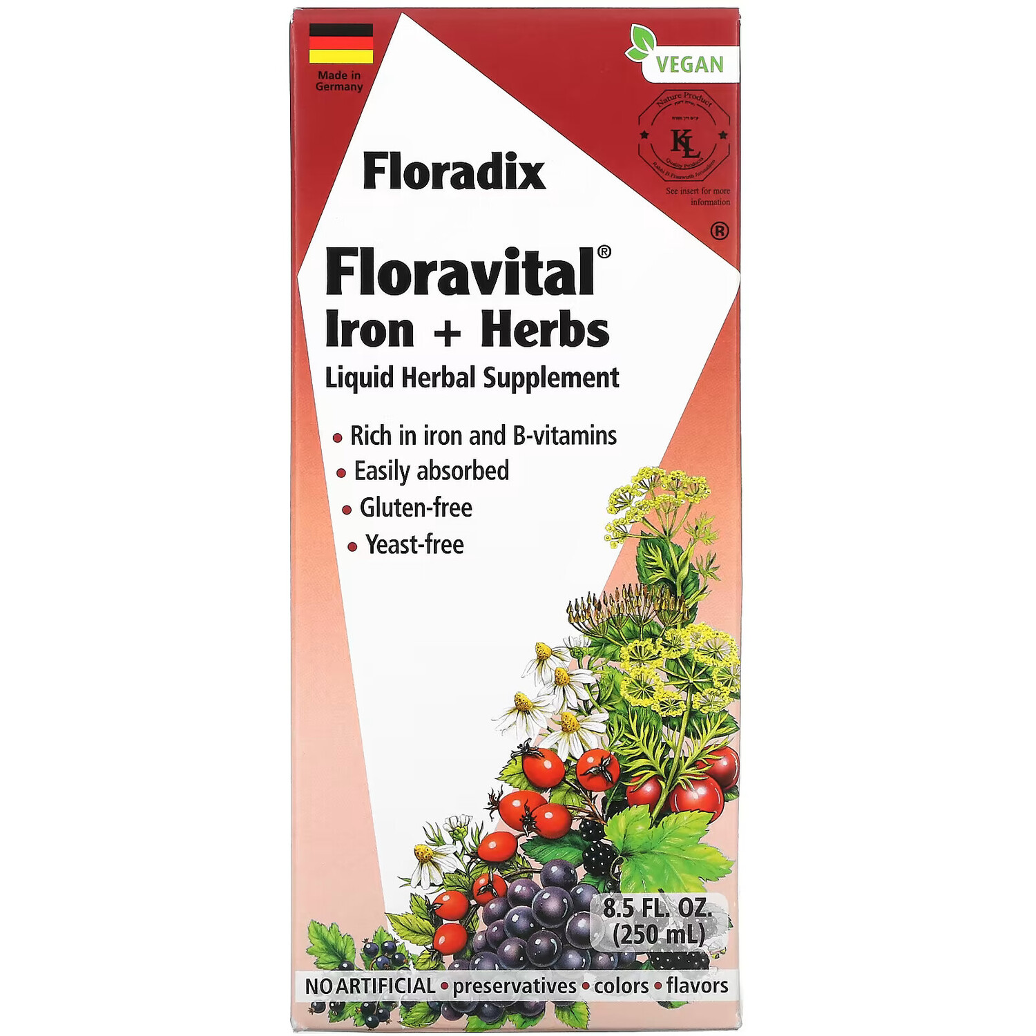 Gaia Herbs, Floradix, Floravital Iron + Herbs, 8,5 жидких унций (250 мл)
Gaia Herbs, Floradix, Floravital Iron + Herbs, 8,5 жидких унций (250 мл)
