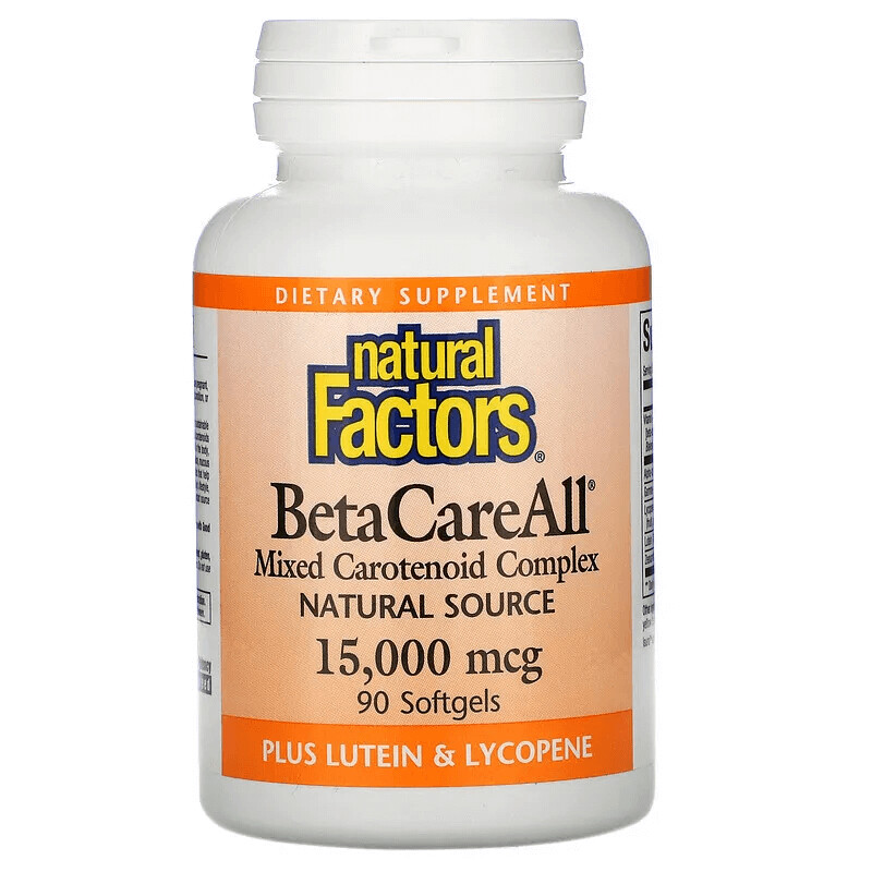 BetaCareAll, 15 000 мкг, 90 мягких таблеток, Natural Factors
BetaCareAll, 15 000 мкг, 90 мягких таблеток, Natural Factors