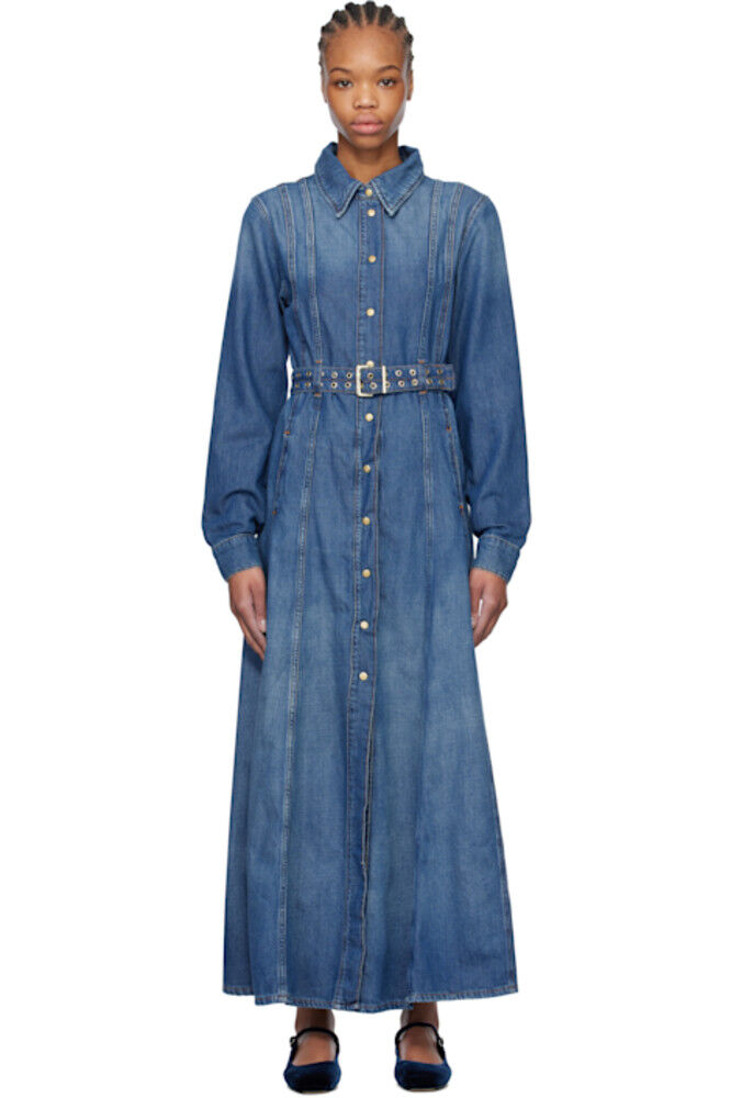 Длинное платье из синей джинсовой ткани с поясом GANNI
Длинное платье из синей джинсовой ткани с поясом GANNI