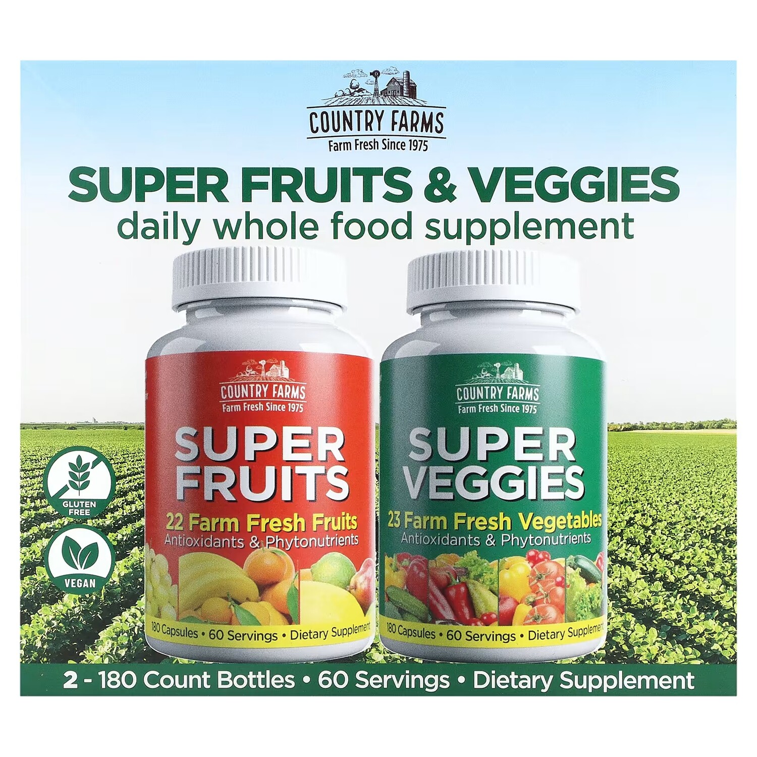 Добавка Country Farms Super Fruits & Veggies, 2 шт по 180 капсул в каждой
Добавка Country Farms Super Fruits & Veggies, 2 шт по 180 капсул в каждой