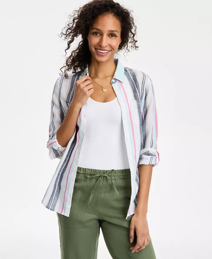 Женская блуза Magnolia из 100% льна с пуговицами и закатанными рукавами Charter Club, белый 
Женская блуза Magnolia из 100% льна с пуговицами и закатанными рукавами Charter Club, белый