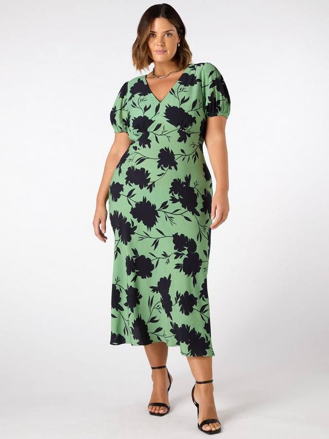 Изогнутое платье с цветочным узором спереди Live Unlimited, зеленый 
Изогнутое платье с цветочным узором спереди Live Unlimited, зеленый