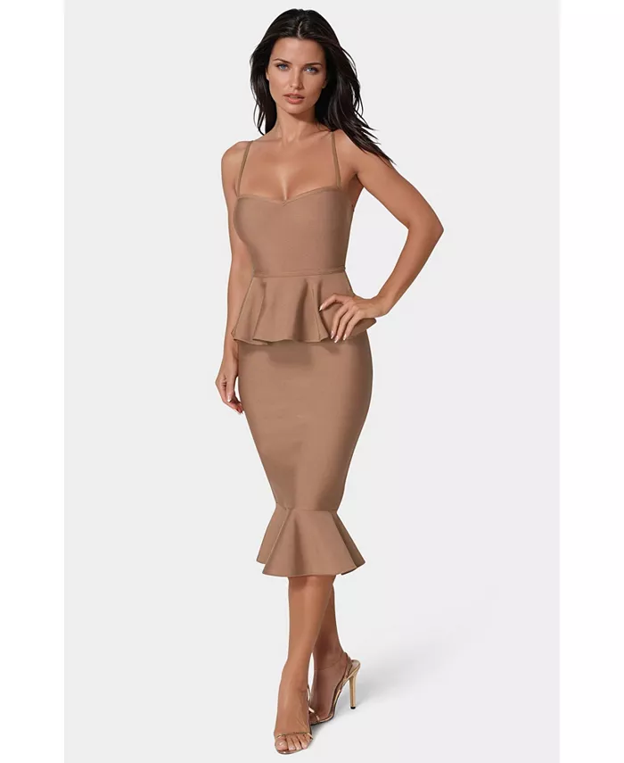 Женское платье-бандаж миди с баской Bebe, коричневый
Женское платье-бандаж миди с баской Bebe, коричневый