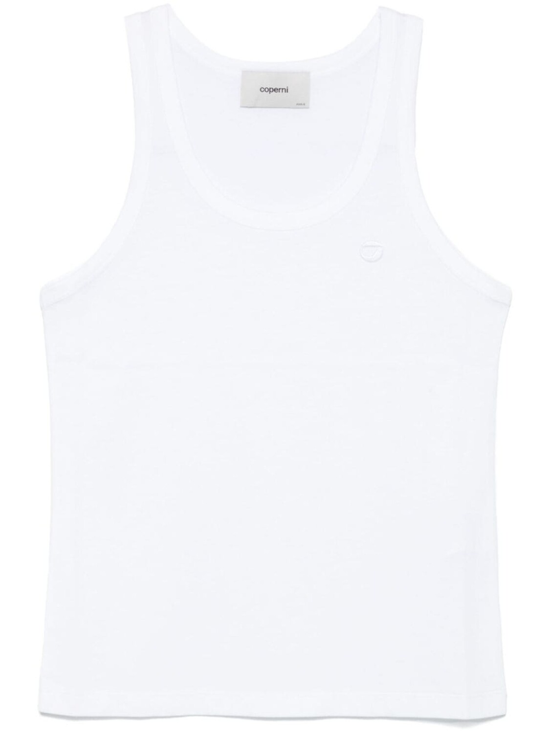 Легкий трикотажный топ с вышитым логотипом Coperni, белый
Легкий трикотажный топ с вышитым логотипом Coperni, белый