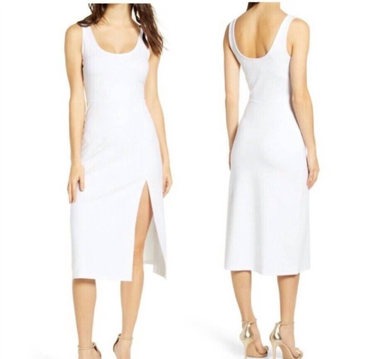 Трикотажное платье-миди с круглым вырезом и боковыми разрезами белого цвета Leith
Трикотажное платье-миди с круглым вырезом и боковыми разрезами белого цвета Leith