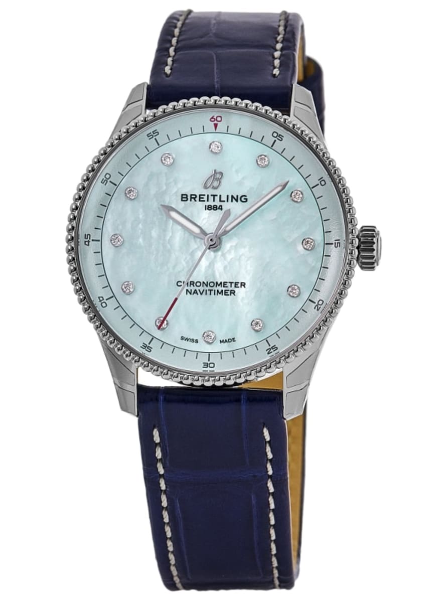 Женские часы Breitling Navitimer 32 с кварцевым голубым циферблатом из перламутра и бриллиантов, кожаным ремешком A77320171C1P1
Женские часы Breitling Navitimer 32 с кварцевым голубым циферблатом из перламутра и бриллиантов, кожаным ремешком A77320171C1P1