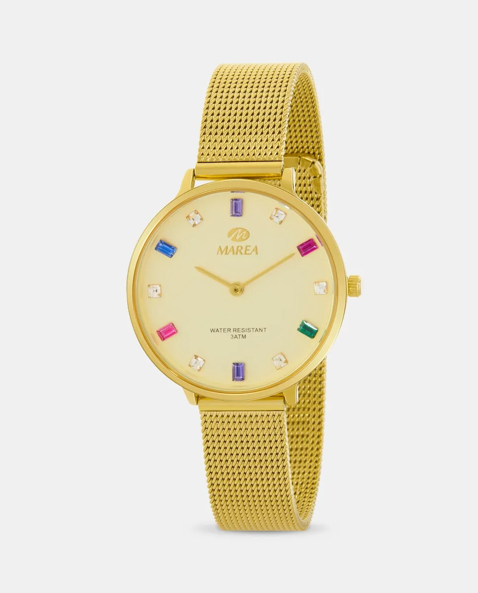 B41290/3 женские часы с миланской сеткой из стали золотистого цвета с разноцветными камнями Marea, золото 
B41290/3 женские часы с миланской сеткой из стали золотистого цвета с разноцветными камнями Marea, золото