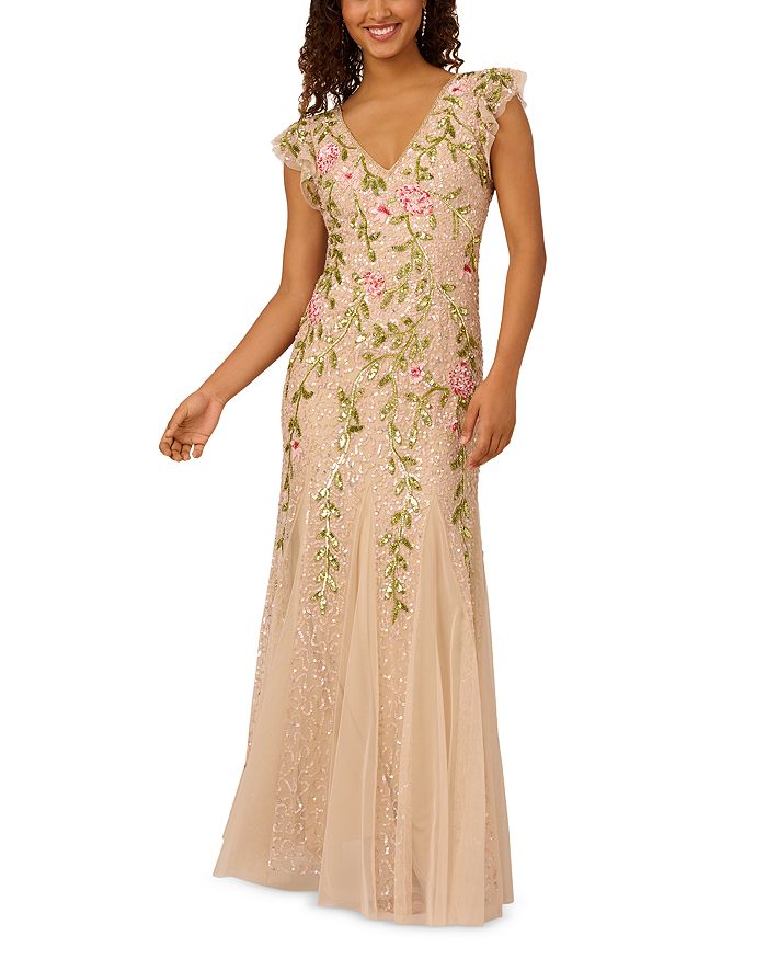 Платье с сетчатыми рукавами-крылышками и бисером Adrianna Papell, коричневый/бежевый 
Платье с сетчатыми рукавами-крылышками и бисером Adrianna Papell, коричневый/бежевый