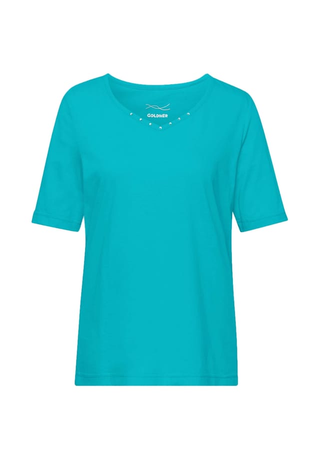 Короткий размер: футболка с очаровательным вырезом и стразами. Goldner, бирюзовый
Короткий размер: футболка с очаровательным вырезом и стразами. Goldner, бирюзовый