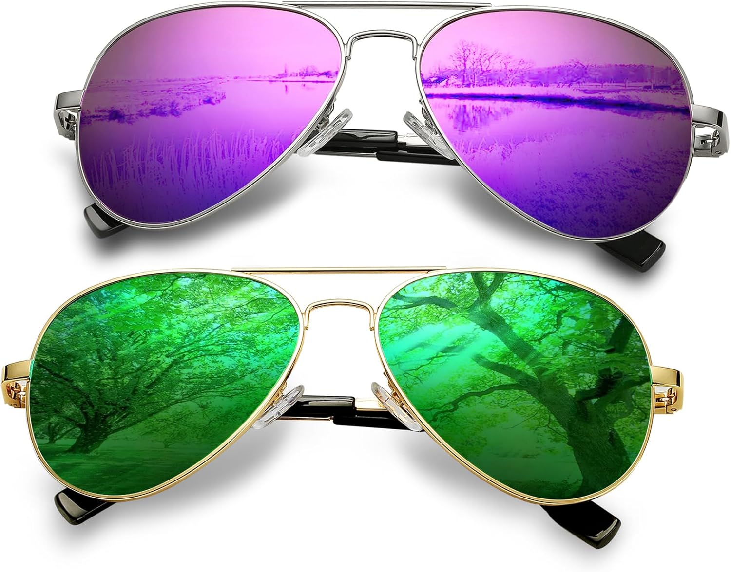 Классические поляризованные солнцезащитные очки-авиаторы AIEYEZO для мужчин и женщин, с пружинным шарниром и металлической оправой, защита от УФ-излучения UV400, 2 Pack (Silver/Purple Mirror + Gold/Green Mirror)
Классические поляризованные солнцезащитные очки-авиаторы AIEYEZO для мужчин и женщин, с пружинным шарниром и металлической оправой, защита от УФ-излучения UV400, 2 Pack (Silver/Purple Mirror + Gold/Green Mirror)