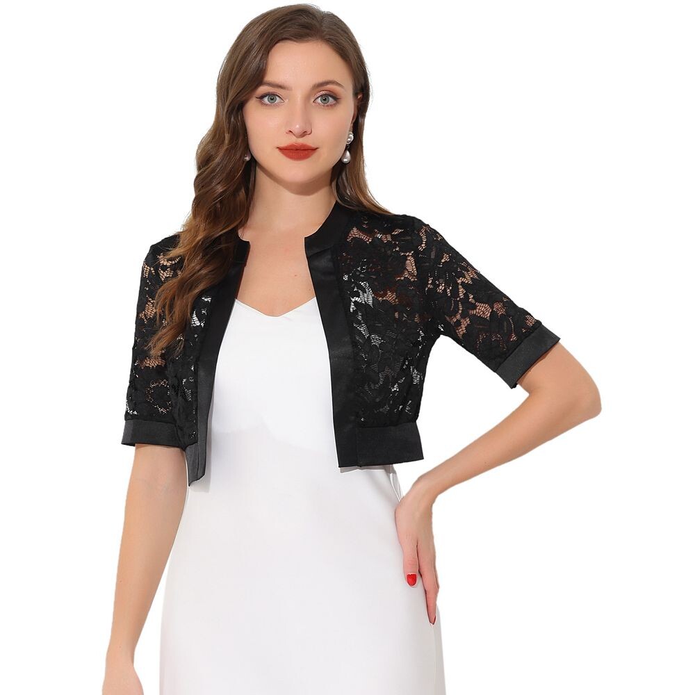 Кружевное болеро для женщин, укороченные кардиганы с атласной вставкой и открытой передней частью ALLEGRA K, черный
Кружевное болеро для женщин, укороченные кардиганы с атласной вставкой и открытой передней частью ALLEGRA K, черный