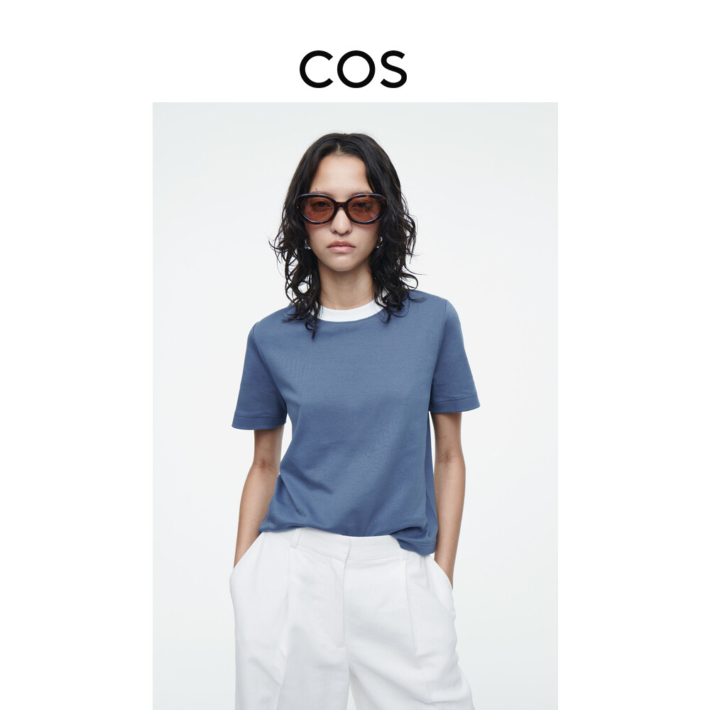 Футболка Cos с круглым вырезом и короткими рукавами, синий 
Футболка Cos с круглым вырезом и короткими рукавами, синий