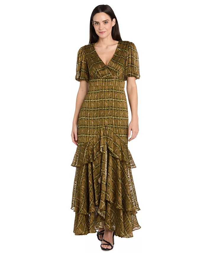 Женское атласное платье в металлическую полоску с рукавами-фонариками R & M Richards, зеленый 
Женское атласное платье в металлическую полоску с рукавами-фонариками R & M Richards, зеленый