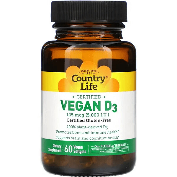 Сертифицированный веганский витамин D3, Country Life, 125 мкг (5000 МЕ), 60 мягких желатиновых капсул
Сертифицированный веганский витамин D3, Country Life, 125 мкг (5000 МЕ), 60 мягких желатиновых капсул