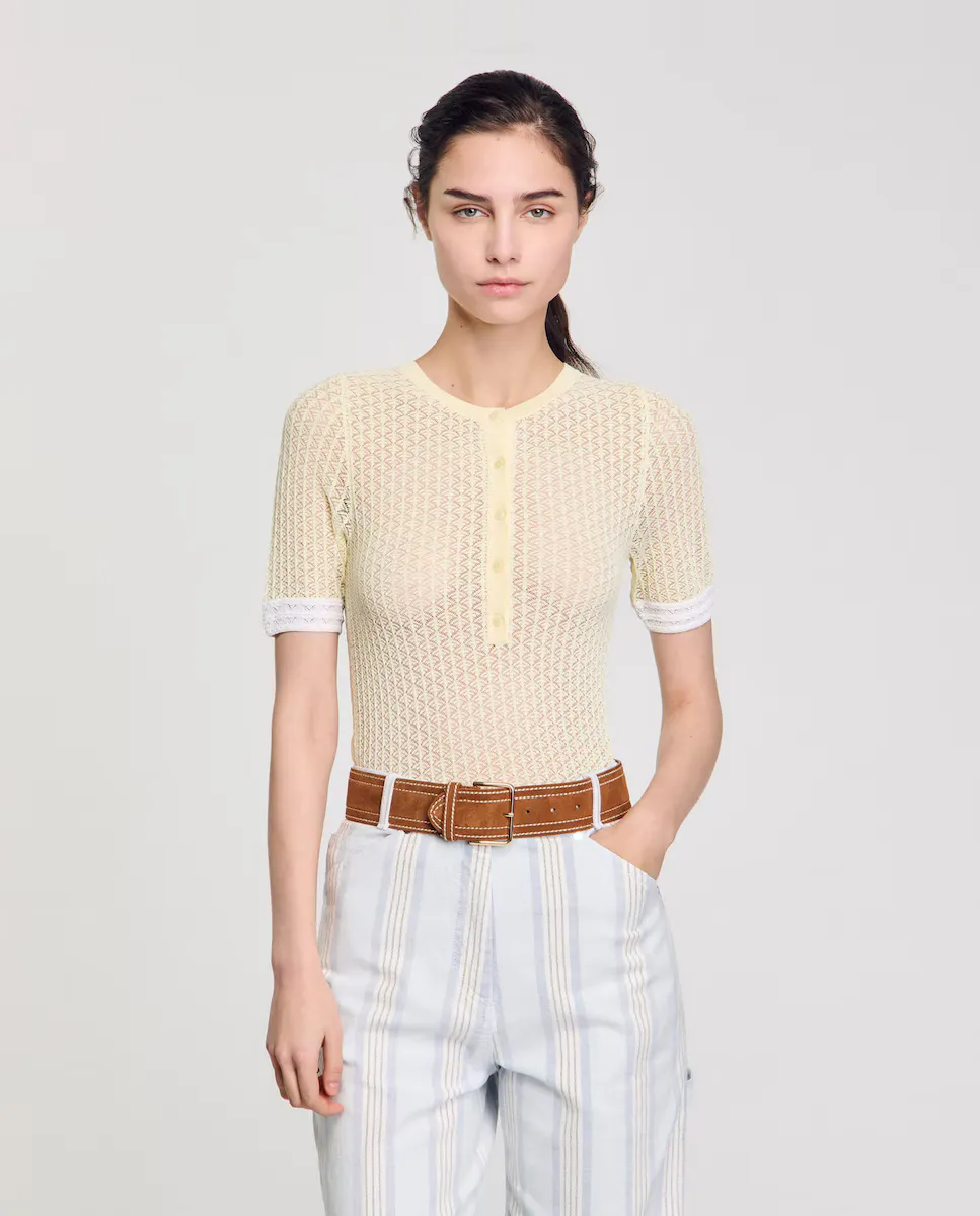 Женский ажурный вязаный свитер с короткими рукавами Sandro, желтый
Женский ажурный вязаный свитер с короткими рукавами Sandro, желтый