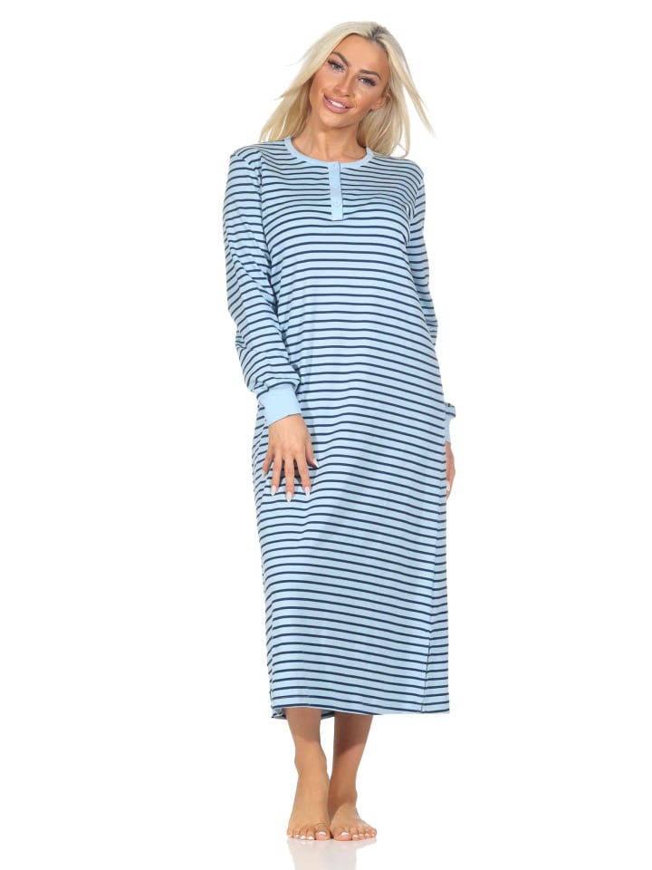 Ночная рубашка из интерлока, с длинными рукавами, манжетами, в полоску - 87474, светло-голубого цвета NORMANN
Ночная рубашка из интерлока, с длинными рукавами, манжетами, в полоску - 87474, светло-голубого цвета NORMANN