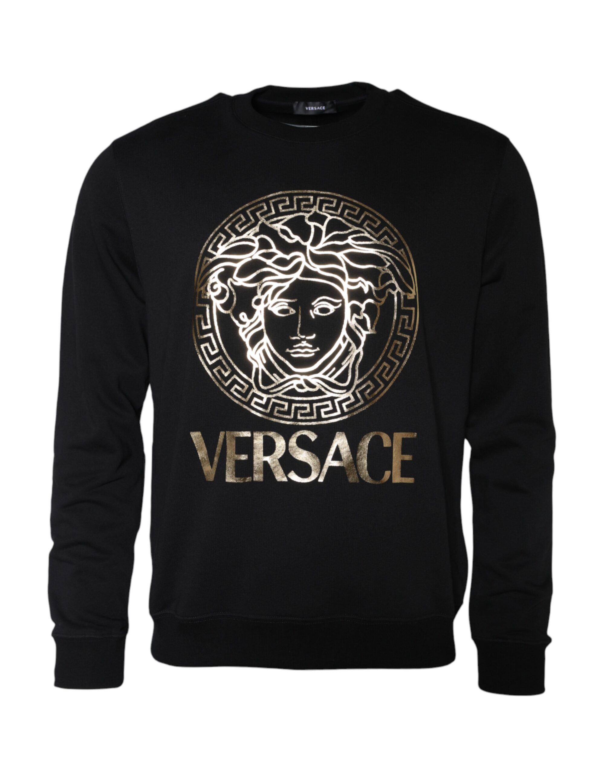 Черный свитер с круглым вырезом из хлопка и флиса с изображением Медузы Versace
Черный свитер с круглым вырезом из хлопка и флиса с изображением Медузы Versace